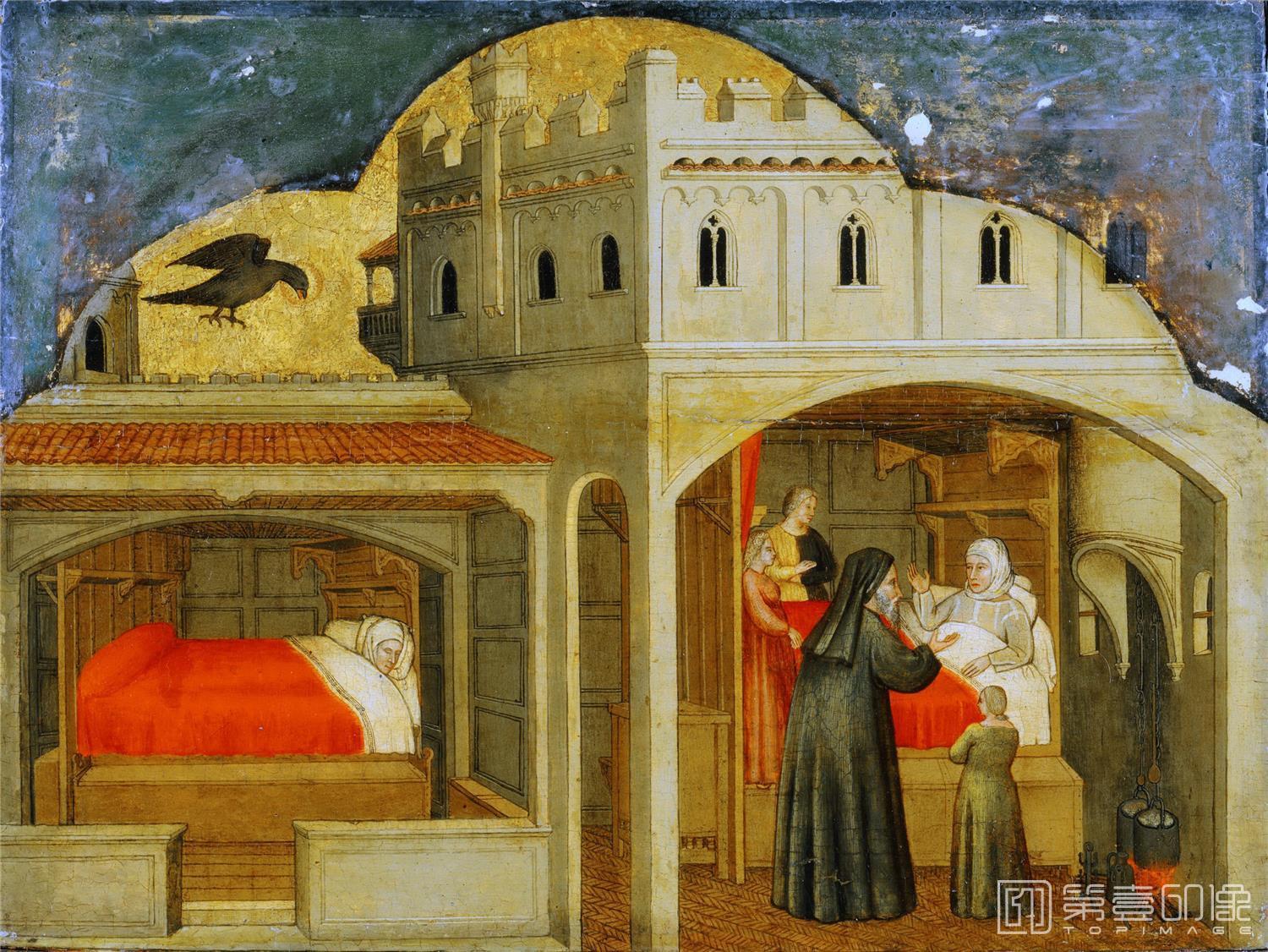 油画-美国费城美术馆藏画-Attributed to Martino da Verona (Martino di Alberto), Italian, died 1412, VeronaSaint Eligius’s Mother Told of Her Son’s Future Fame-070
